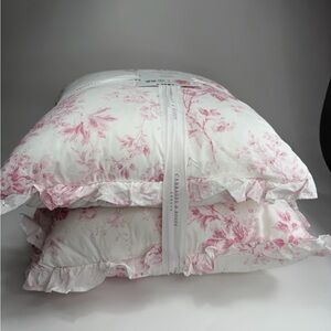 2 Elegant Pink & White Floral Euro Shams with Ruffles ~ Cabbages & Roses London